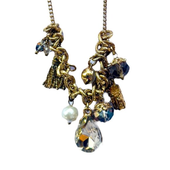Vintage Gold Charmed Necklace With Crystals,  Faux Pearls and Tassel 30” Long - Picture 6 of 8